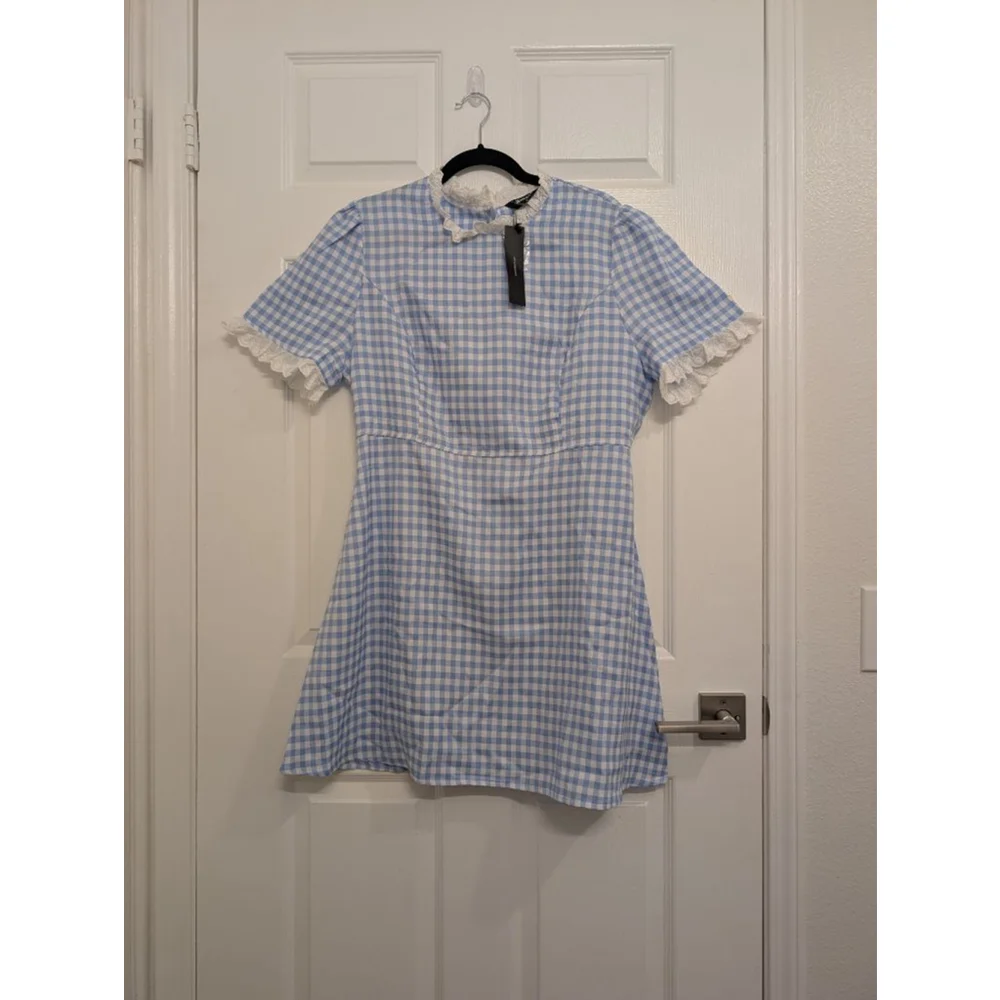Cottagcore Gingnam Dress A-Line Mini Dress Peter Pan Collar High Neck Lace XL - Picture 3 of 7